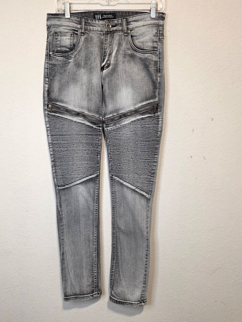 ROK Hand Crafted Biker Jeans Acid Wash Blue Moto Ribbed Streetwear  Size W30 L32